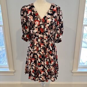 Ted Baker Skiala Floral Puff Sleeve Mini Dress M Black Red V Neck Fit Flare Chic